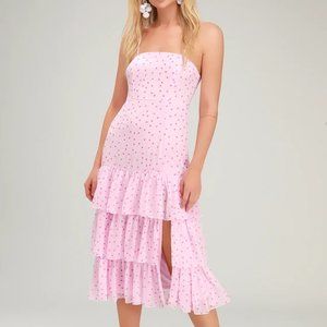 NWT - Lulus- Nellie Pink Polka Dot Ruffled Midi Dress